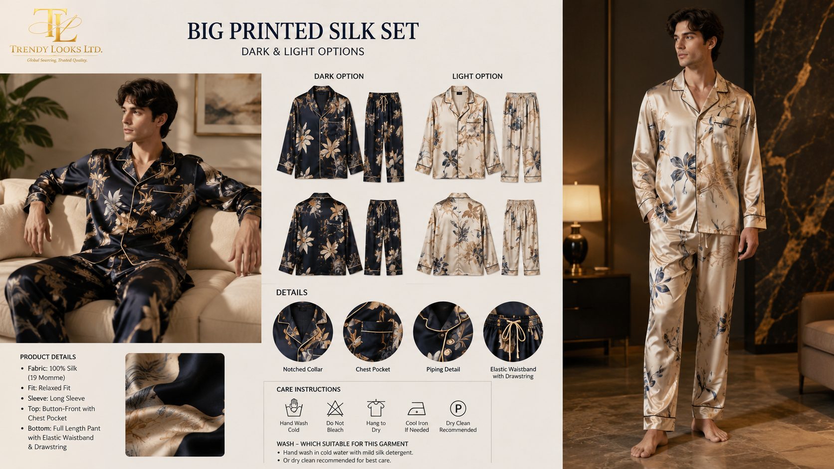 Men's Printed Silk Pyjama Set
