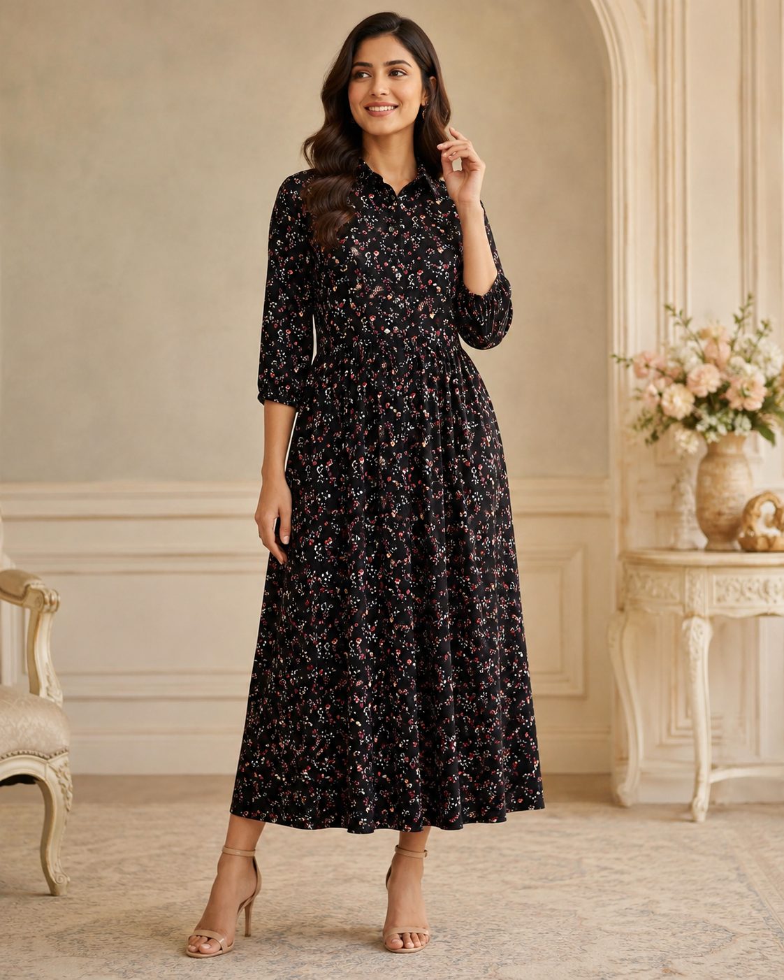 Women's Midnight Blossom Floral Midi Dress