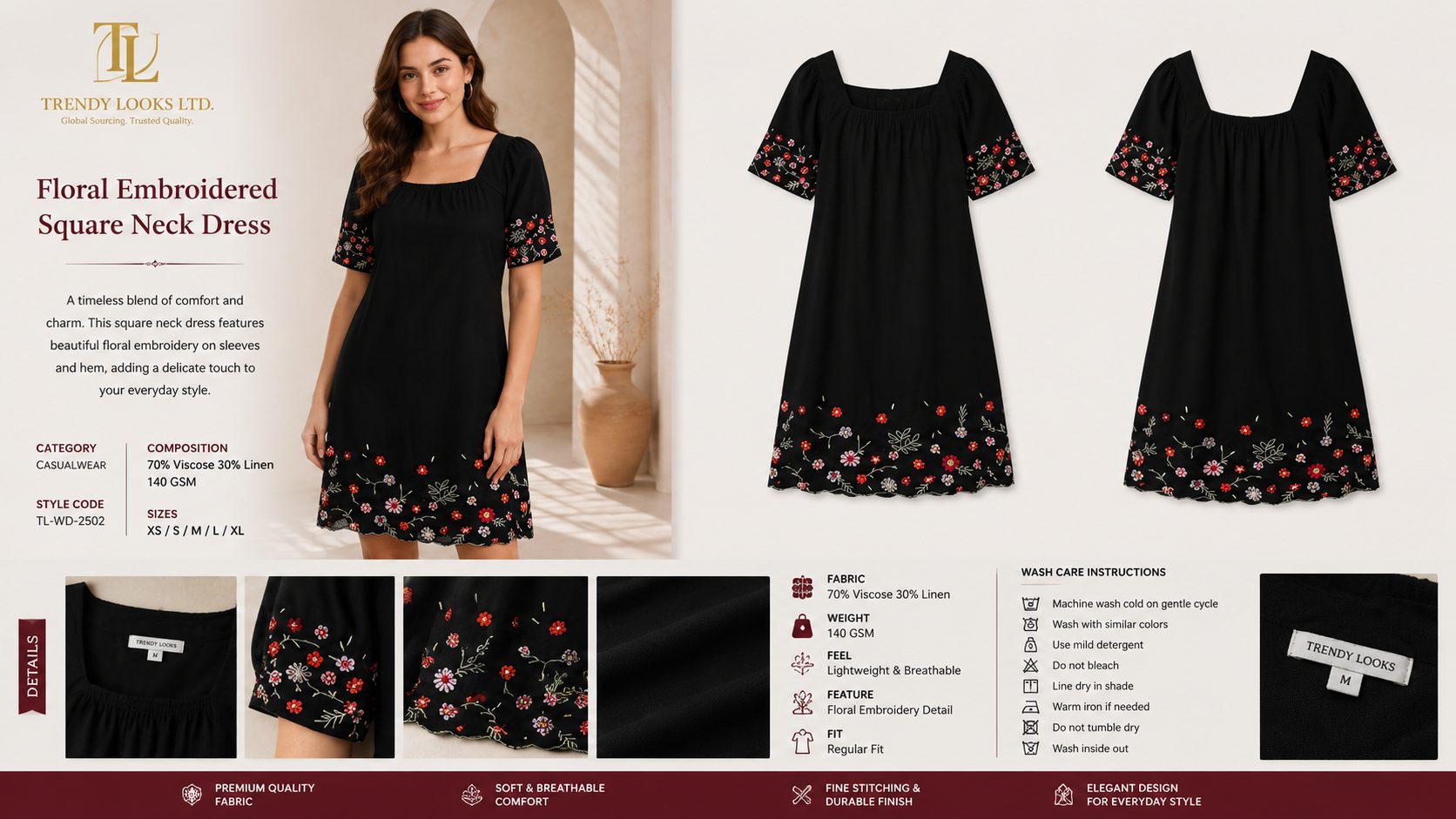Women's Black Floral Embroidered Shift Dress