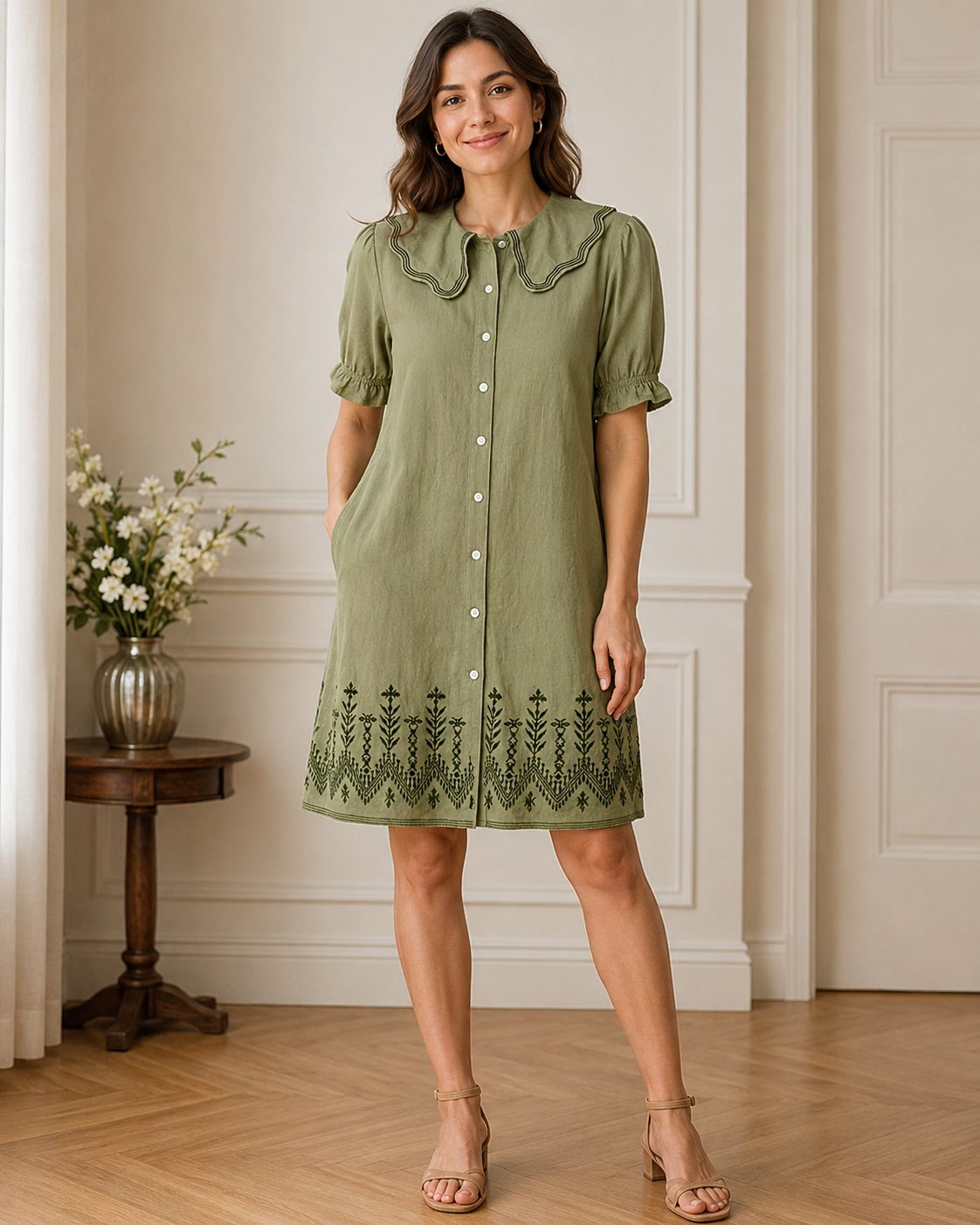 Women's Olive Embroidered Tunic Dress