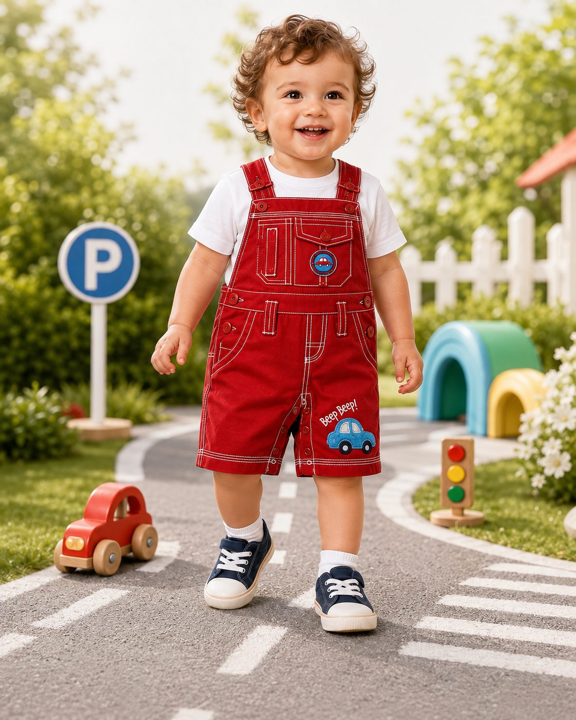 Baby Boys' Beep-Beep Car Appliqué Twill Shortall