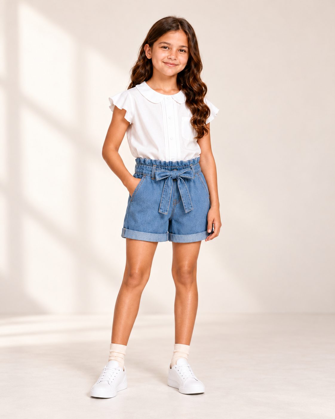 Girl's Denim Paper-Bag Shorts