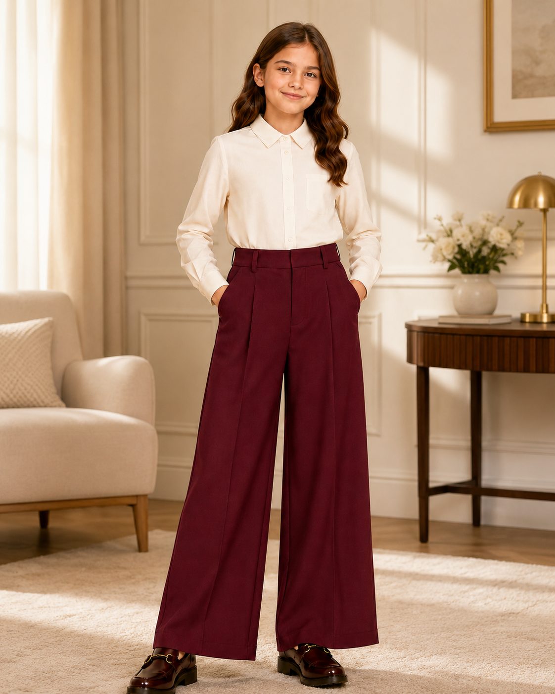 Girl's Tailored Wide-Leg Pleated Pants